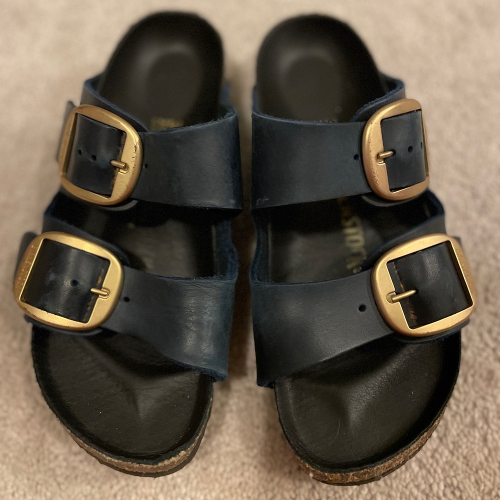 Birkenstock Navy Blue Sandals with Gold Buckles